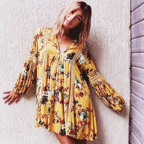 Dresses & Skirts - Yellow Boho Crochet Floral Long Sleeve Dress Top